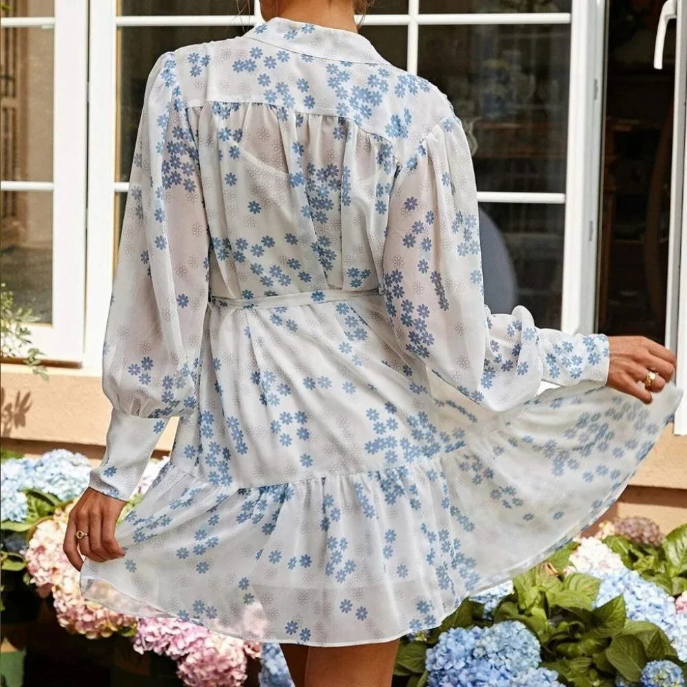 White Preppy Womens Floral Print Ruffle Hem Shirt Dress - Picture 2 of 5